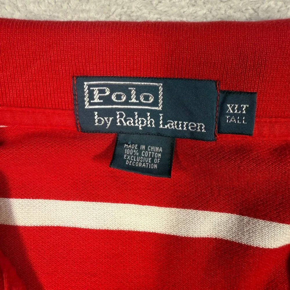 Vintage Polo Ralph Lauren XLT Tall Red White Striped Mesh Shirt Navy Pony Pocket
